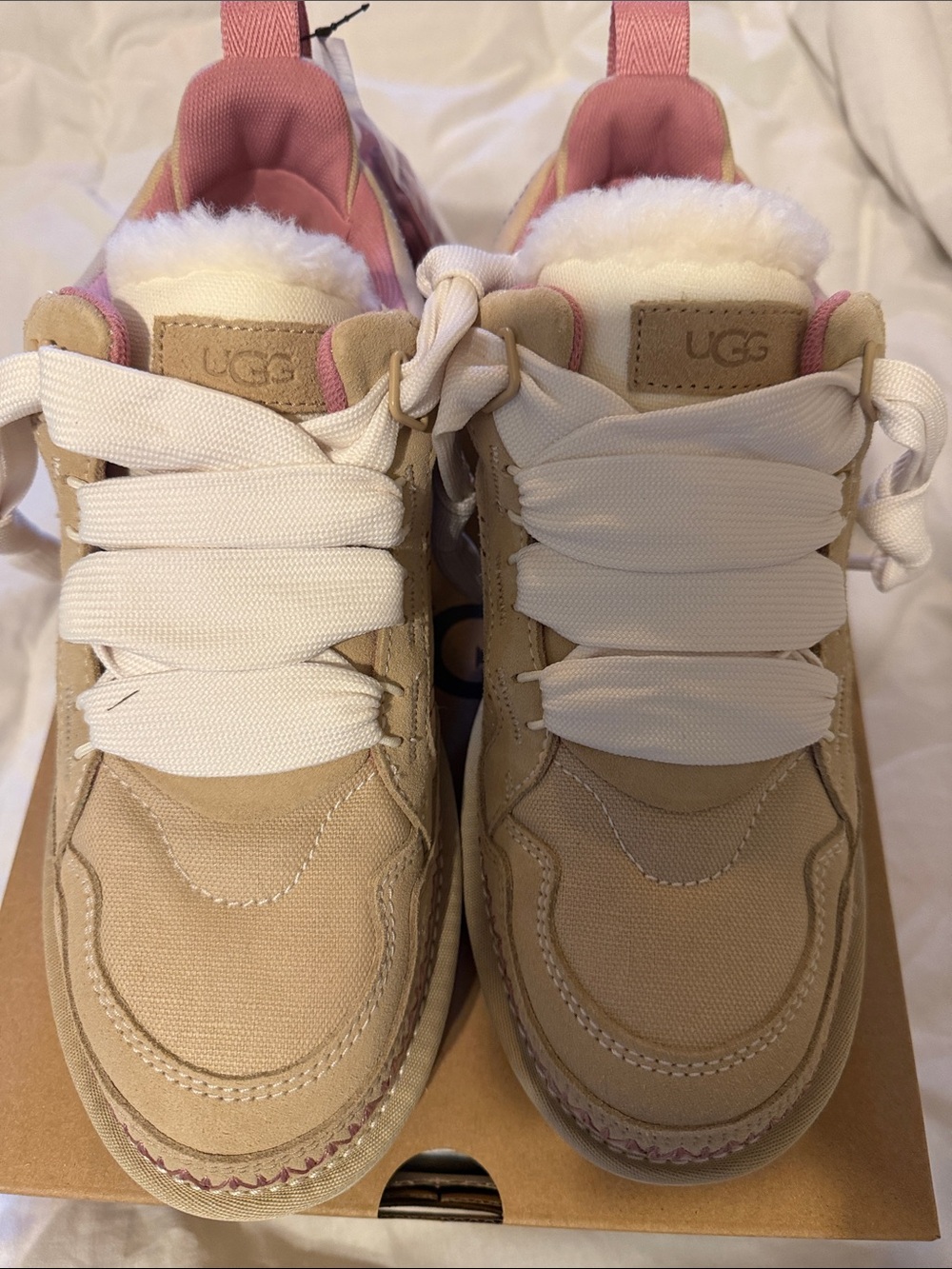 UGG lowmel Meadow Tan Sneakers with Pink Lining and White Laces